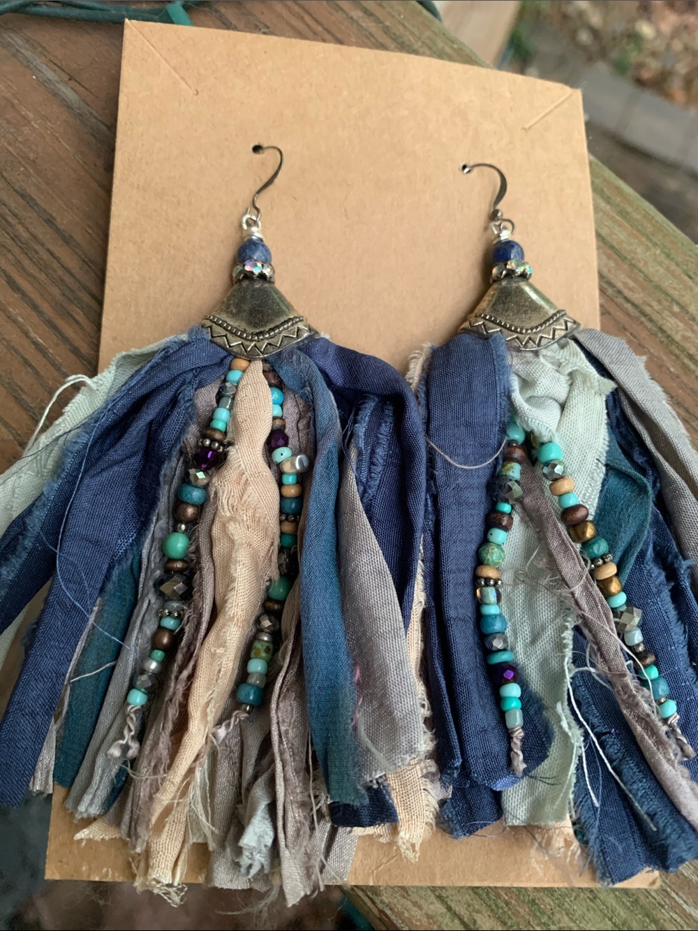 NWT Boho Tassel Bead Drop Earrings in Navy & Teal